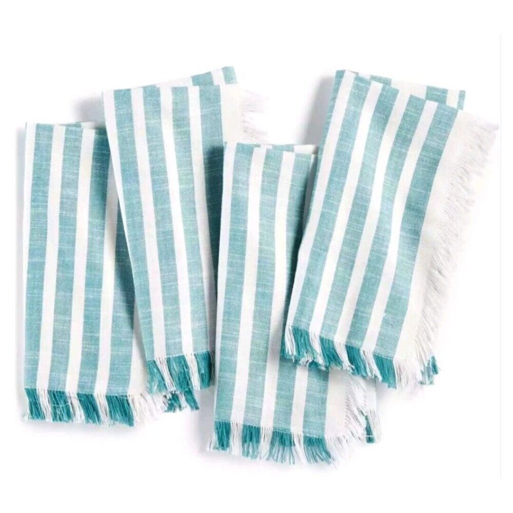 Bardwil Madison Stripe White And Teal Napkins Set Of 4 NIP